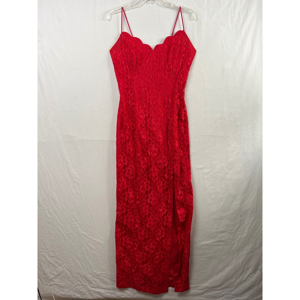 L.A. GLO Maxi Slip Dress Women 11/12 Red Lace Sweetheart Slit Formal Holiday